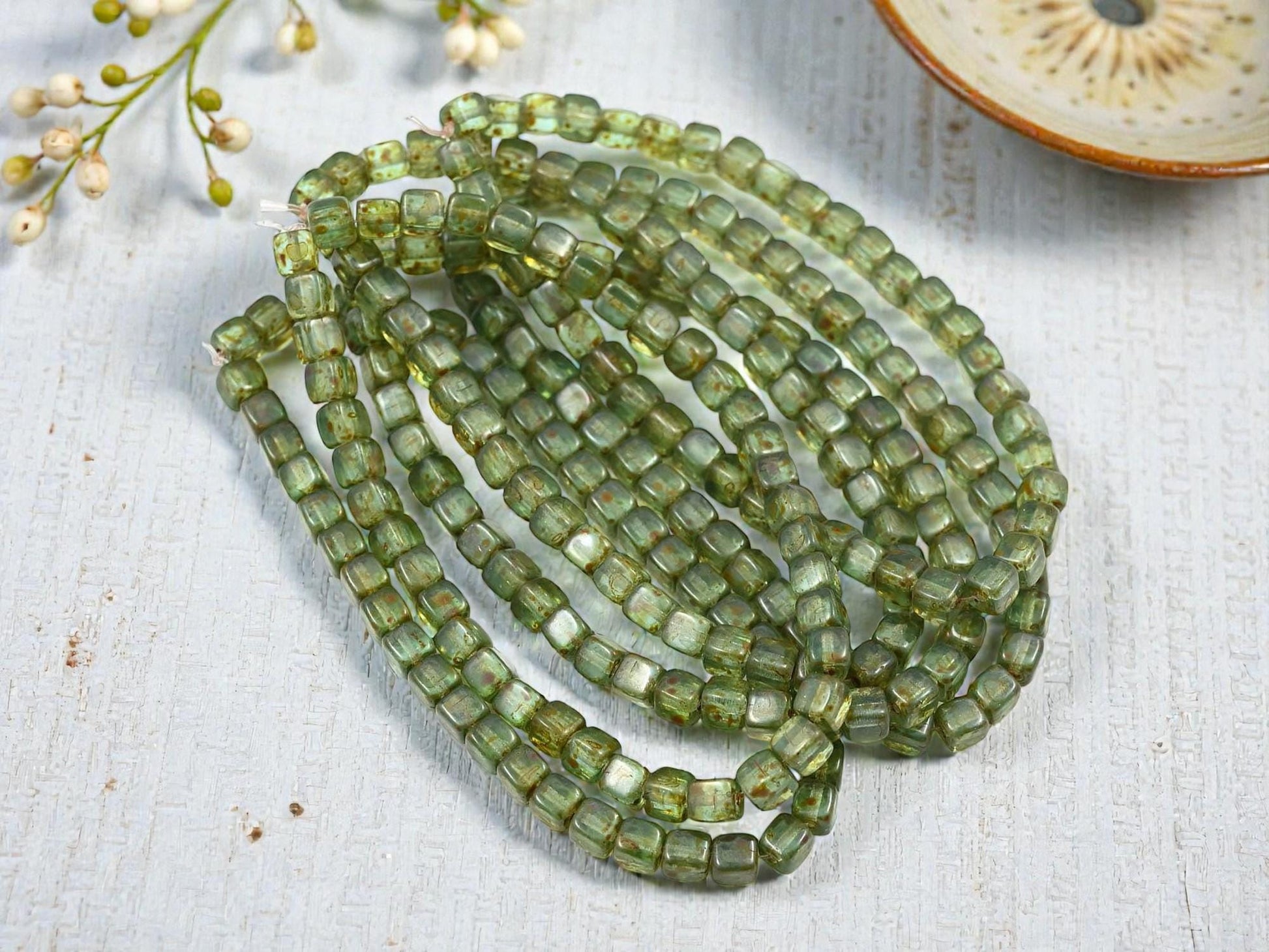 Czech Glass Cube Beads - Green Aqua Picasso - 4mm - 40pcs - (3846)