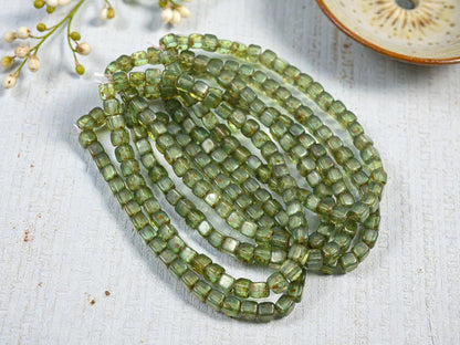 Czech Glass Cube Beads - Green Aqua Picasso - 4mm - 40pcs - (3846)