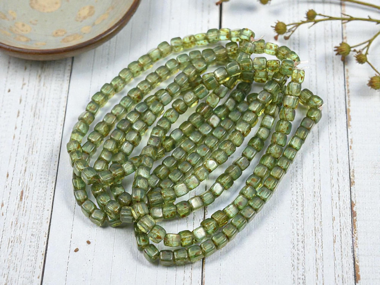 Czech Glass Cube Beads - Green Aqua Picasso - 4mm - 40pcs - (3846)