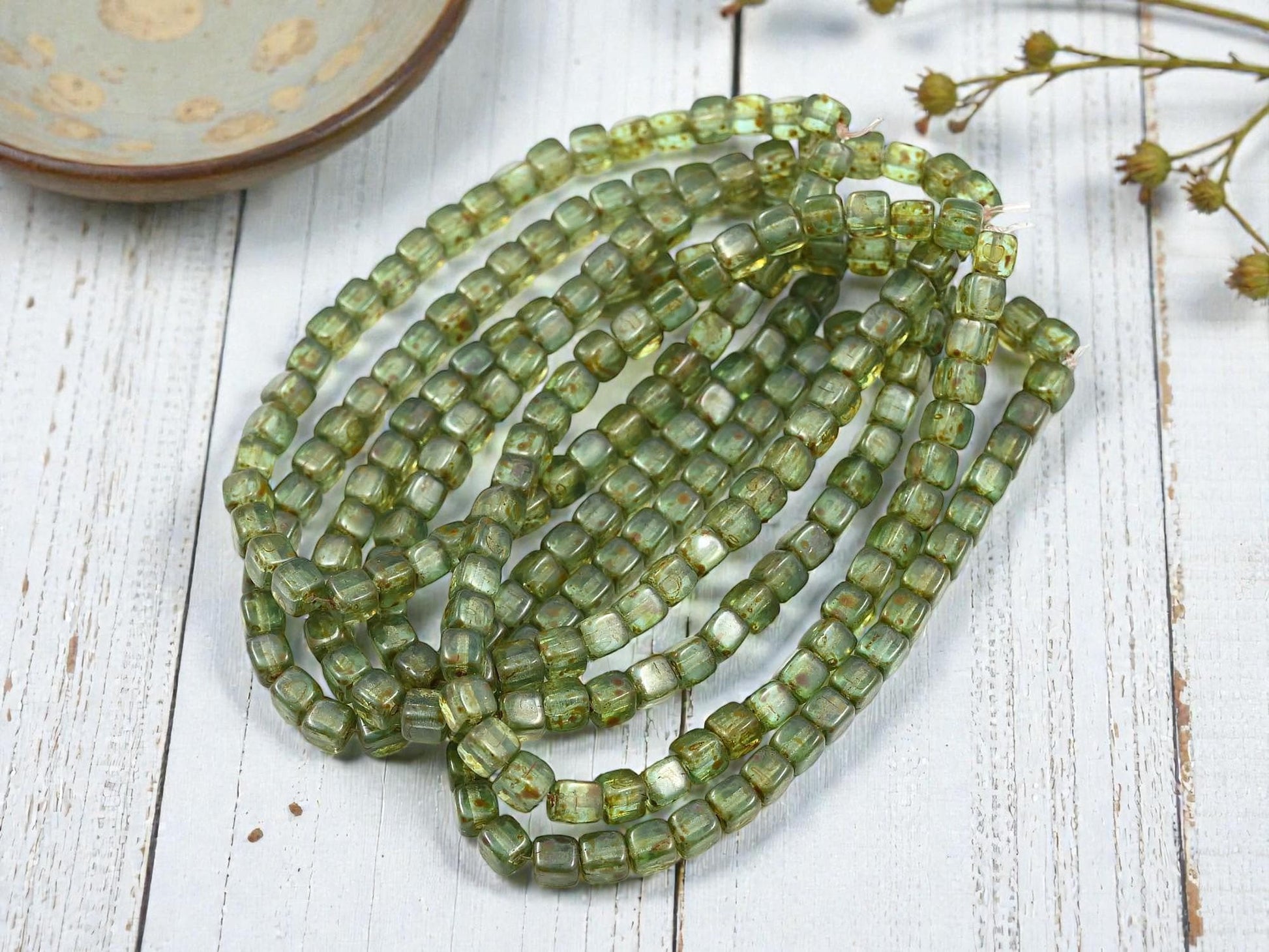 Czech Glass Cube Beads - Green Aqua Picasso - 4mm - 40pcs - (3846)