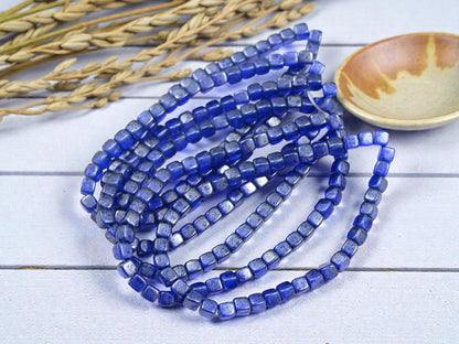Czech Glass Cube Beads - Translucent Sapphire Picasso - 4mm - 40pcs - (1292)