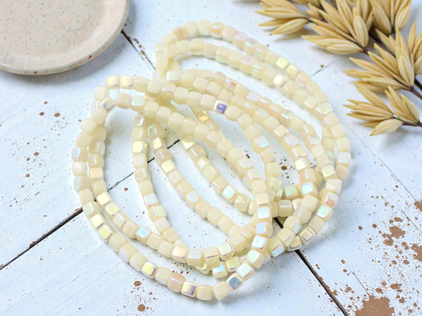 Czech Glass Cube Beads - Opaque Ivory AB - 4mm - 40pcs - (1409)