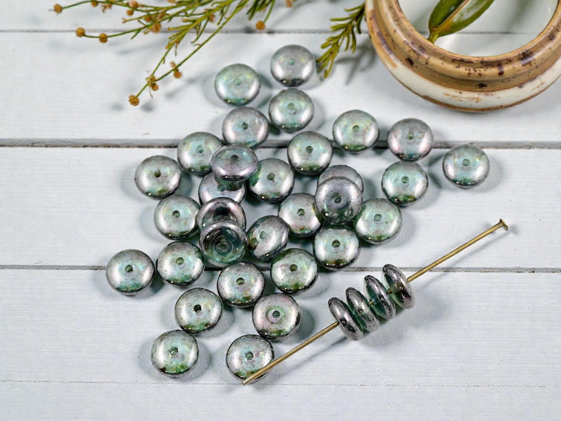 Czech Glass Rondelle Spacer Beads - Green Lumi - 8x3mm - 25pcs - (4183)