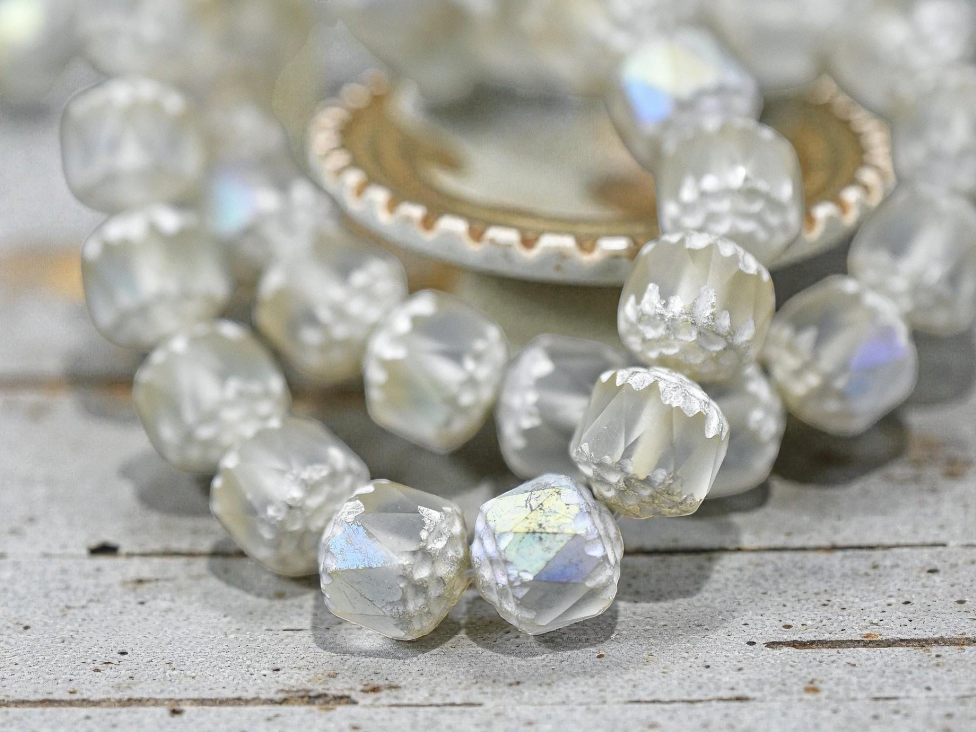 Antique Silver Washed Matte Crystal Ecru AB Fire Polished Cathedral Beads