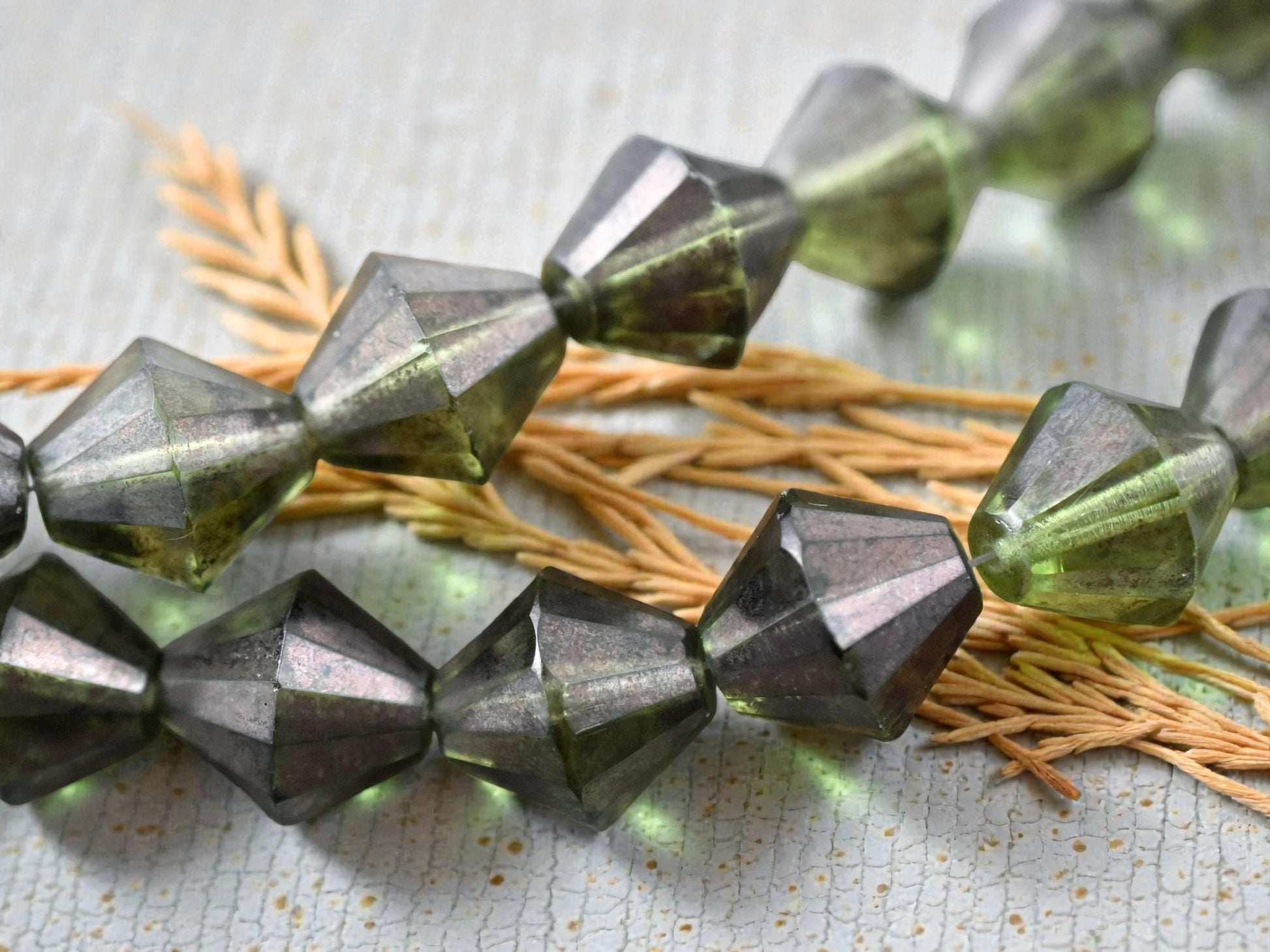 *2* 15mm Bronze Washed Olive Green Picasso Faceted Bicone Beads