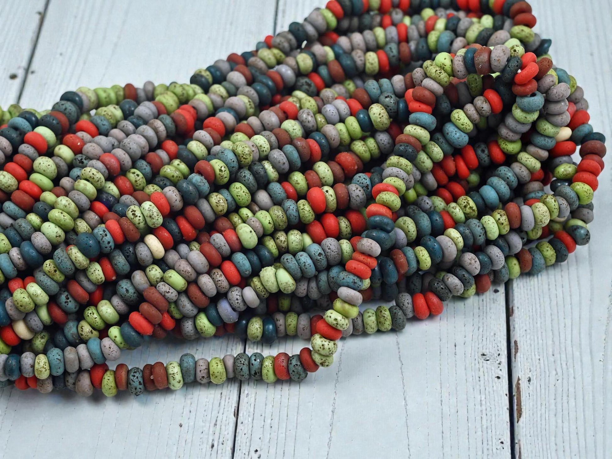 Indonesian Java Glass Beads -Multicolor Aged Donut - Approx 4x7mm - 20" Strand - (B127)