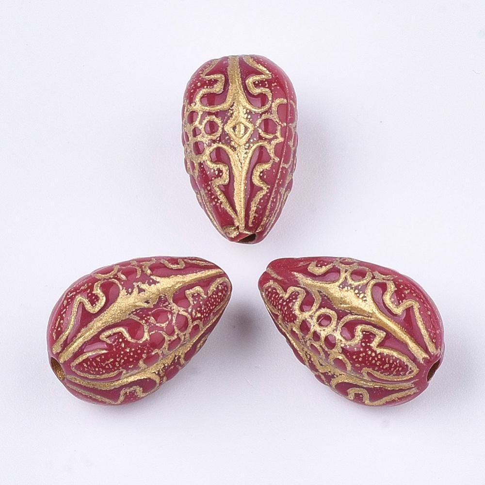 Gilded Red Vintage Style Acrylic Drop Beads - Lightweight - 19x11mm - 10pcs - (2033)