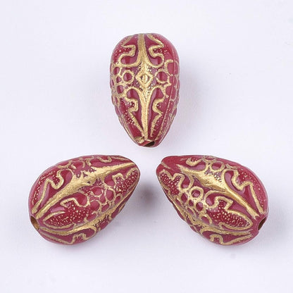 Gilded Red Vintage Style Acrylic Drop Beads - Lightweight - 19x11mm - 10pcs - (2033)