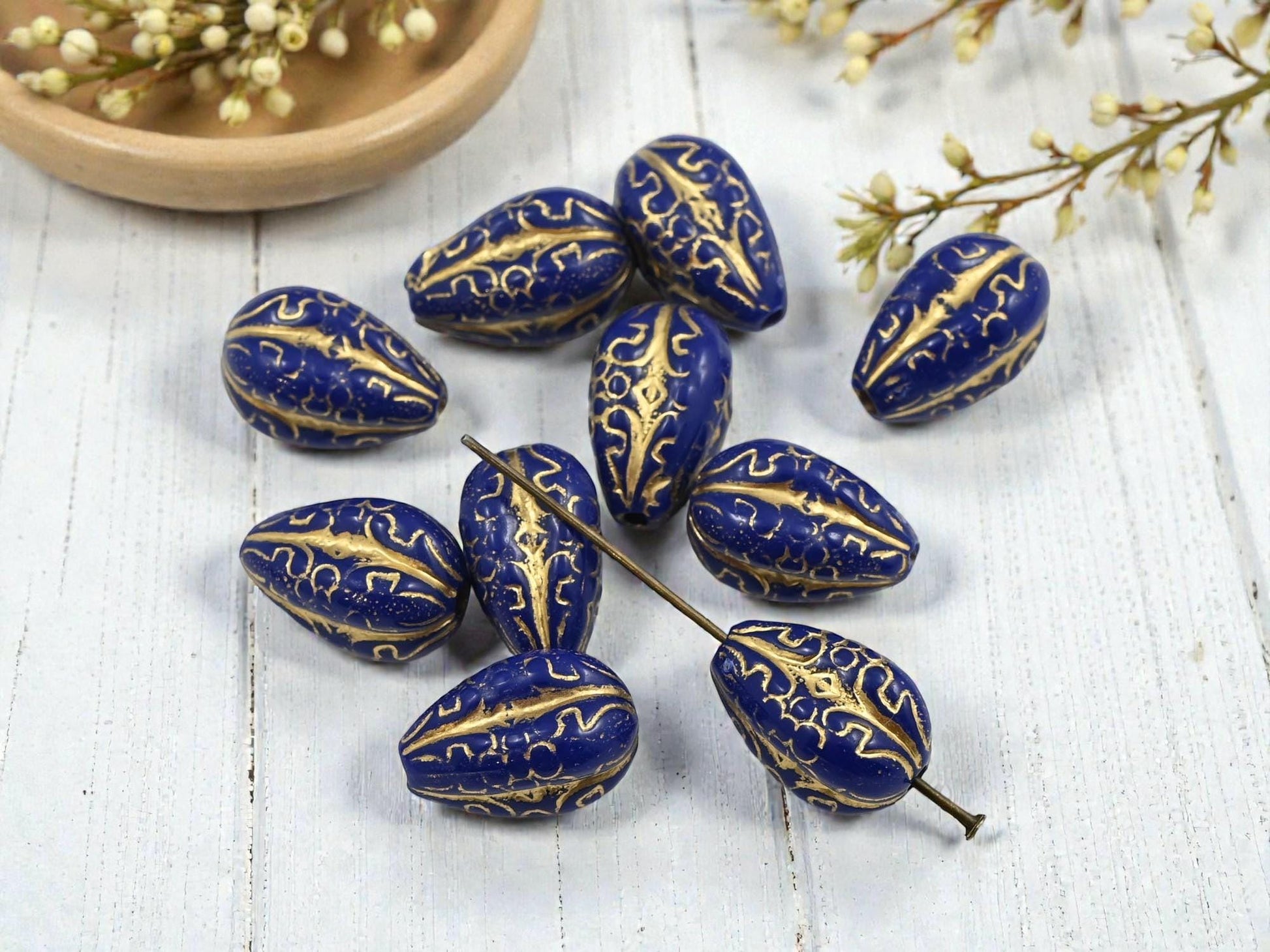 Gilded Indigo Vintage Style Acrylic Drop Beads - Lightweight - 19x11mm - 10pcs - (927)
