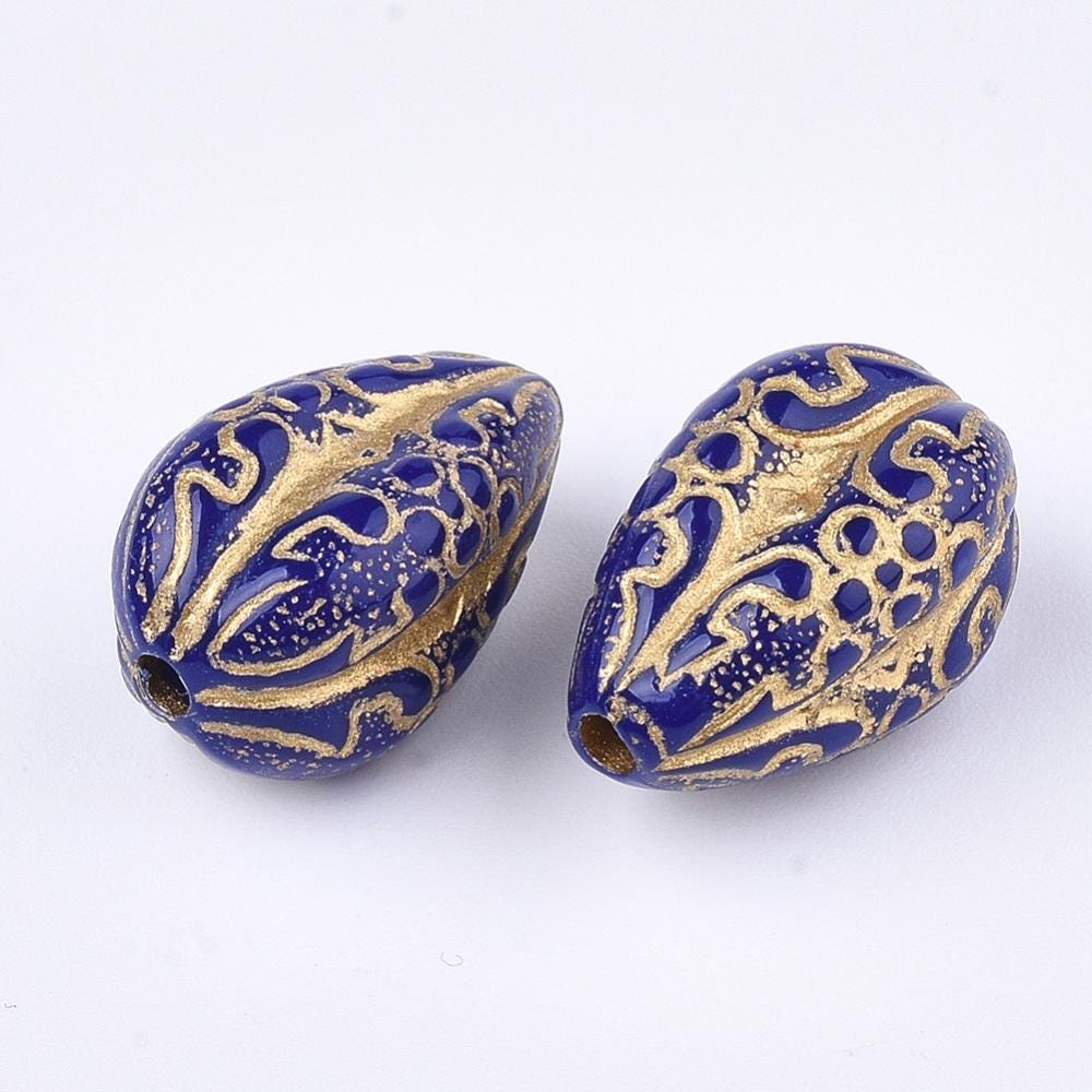 Gilded Indigo Vintage Style Acrylic Drop Beads - Lightweight - 19x11mm - 10pcs - (927)