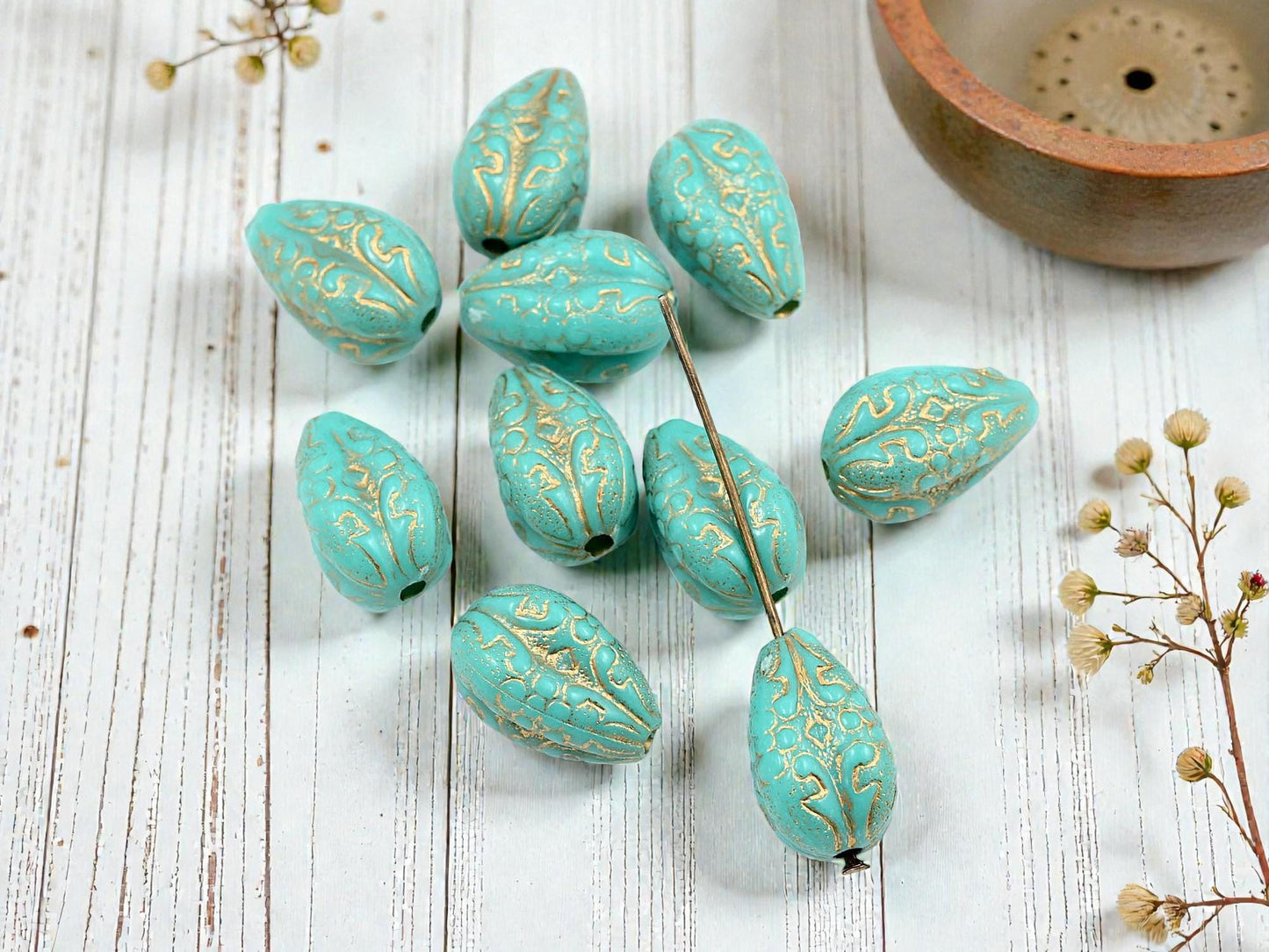 Gilded Turquoise Vintage Style Acrylic Drop Beads - Lightweight - 19x11mm - 10pcs - (2607)