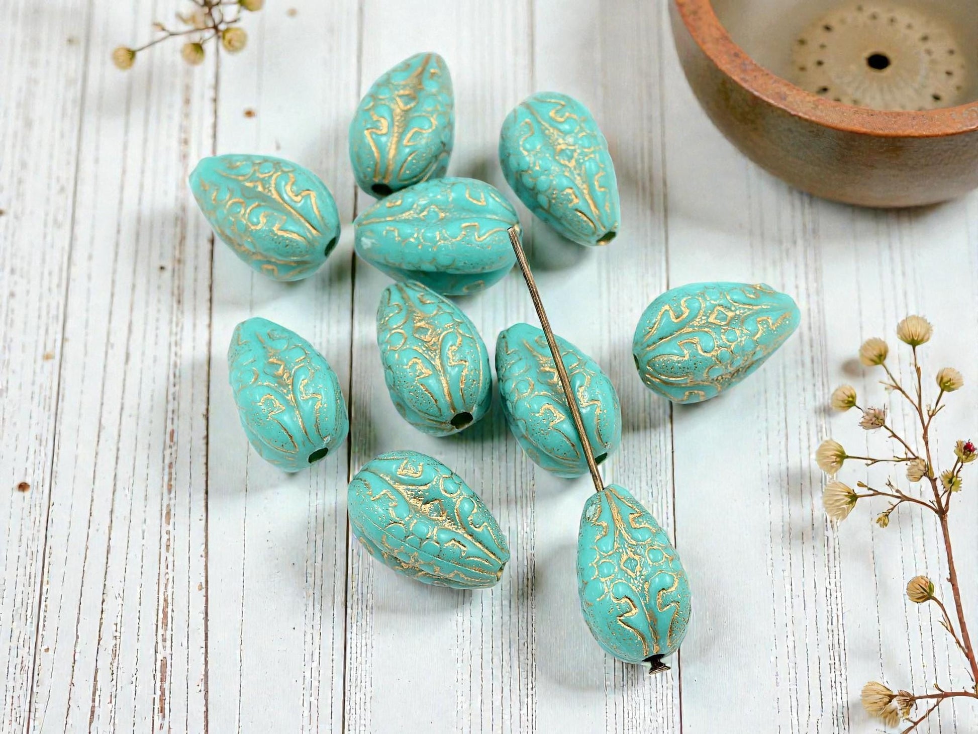Gilded Turquoise Vintage Style Acrylic Drop Beads - Lightweight - 19x11mm - 10pcs - (2607)