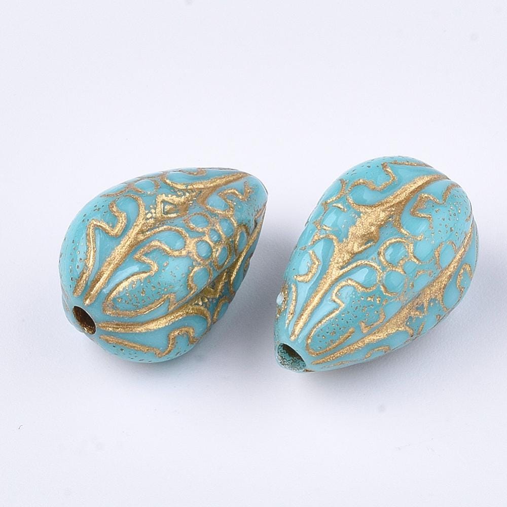 Gilded Turquoise Vintage Style Acrylic Drop Beads - Lightweight - 19x11mm - 10pcs - (2607)