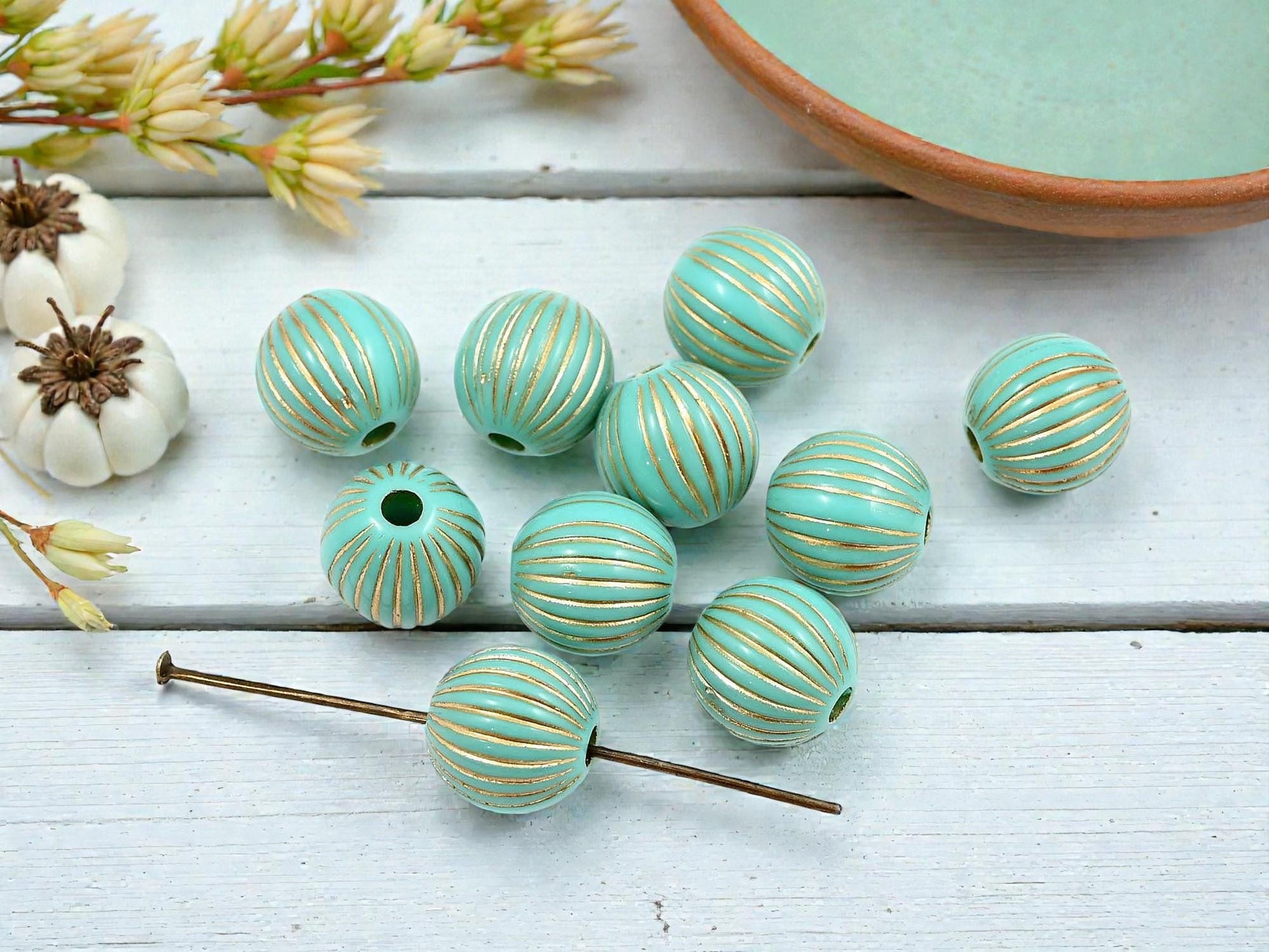 Gilded Turquoise Vintage Style Round Beads - Lightweight - 12mm - 10pcs - (2652)