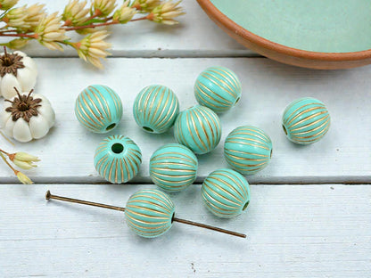 Gilded Turquoise Vintage Style Round Beads - Lightweight - 12mm - 10pcs - (2652)
