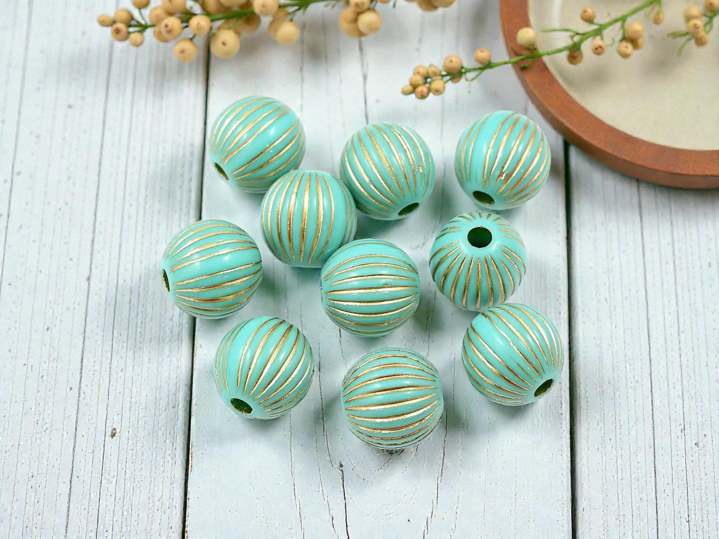 Gilded Turquoise Vintage Style Round Beads - Lightweight - 12mm - 10pcs - (2652)
