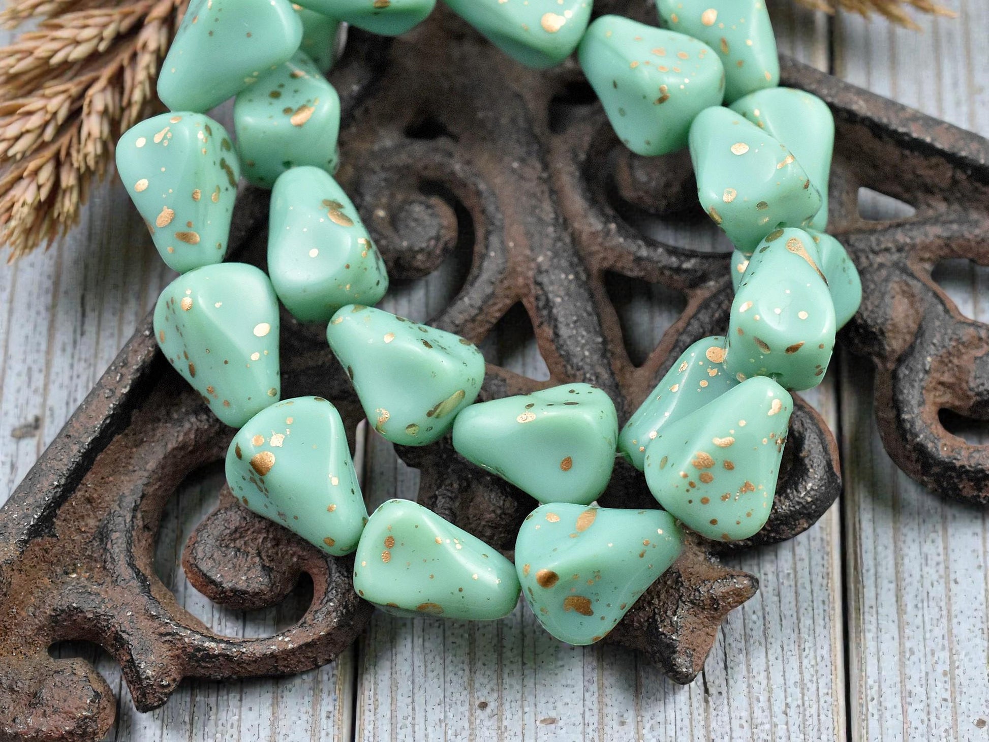 *12* 13x12mm Antique Gold Washed Opaque Turquoise Vintage Style Drop Beads