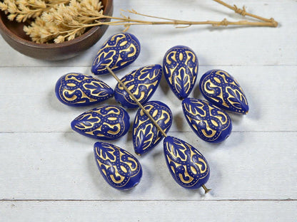 Gilded Indigo Vintage Style Acrylic Tear Drop Beads - Lightweight - 18x12mm - 10pcs - (5120)