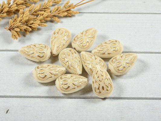 Gilded Ivory Vintage Style Acrylic Tear Drop Beads - Lightweight - 18x12mm - 10pcs - (937)