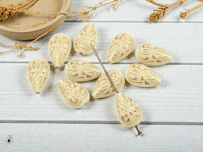 Gilded Ivory Vintage Style Acrylic Tear Drop Beads - Lightweight - 18x12mm - 10pcs - (937)