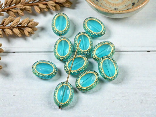 Gilded Aqua Acrylic Ornate Oval Beads - Lightweight - 18x13mm - 10pcs - (A639)