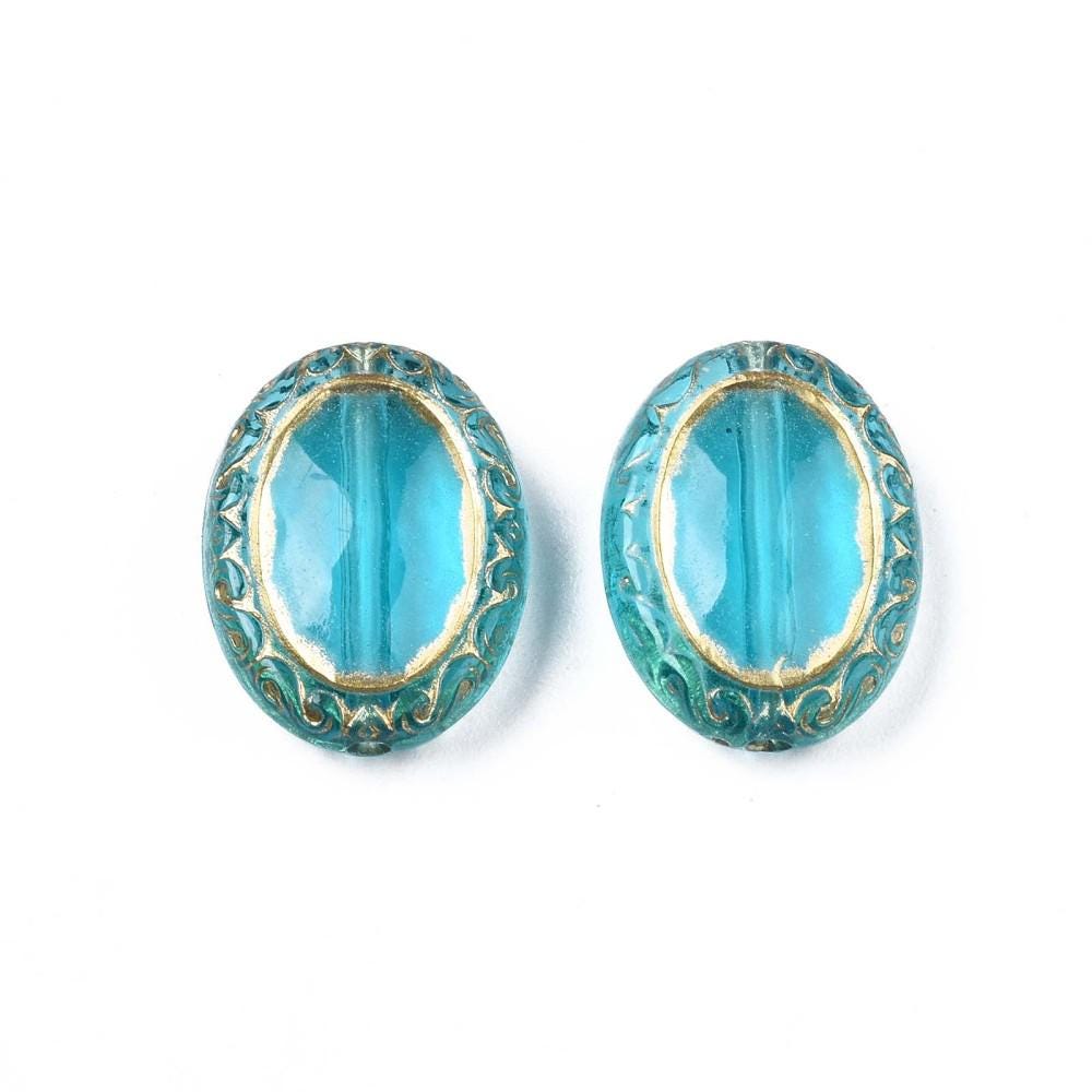 Gilded Aqua Acrylic Ornate Oval Beads - Lightweight - 18x13mm - 10pcs - (A639)