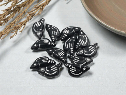 Silver Washed Black Acrylic Bird Beads - Lightweight - 20x10x6mm - 12pcs - (B286)