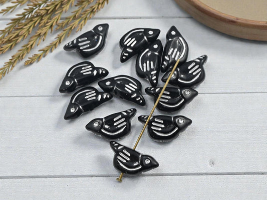 Silver Washed Black Acrylic Bird Beads - Lightweight - 20x10x6mm - 12pcs - (B286)