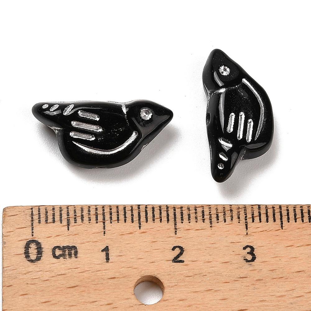 Silver Washed Black Acrylic Bird Beads - Lightweight - 20x10x6mm - 12pcs - (B286)
