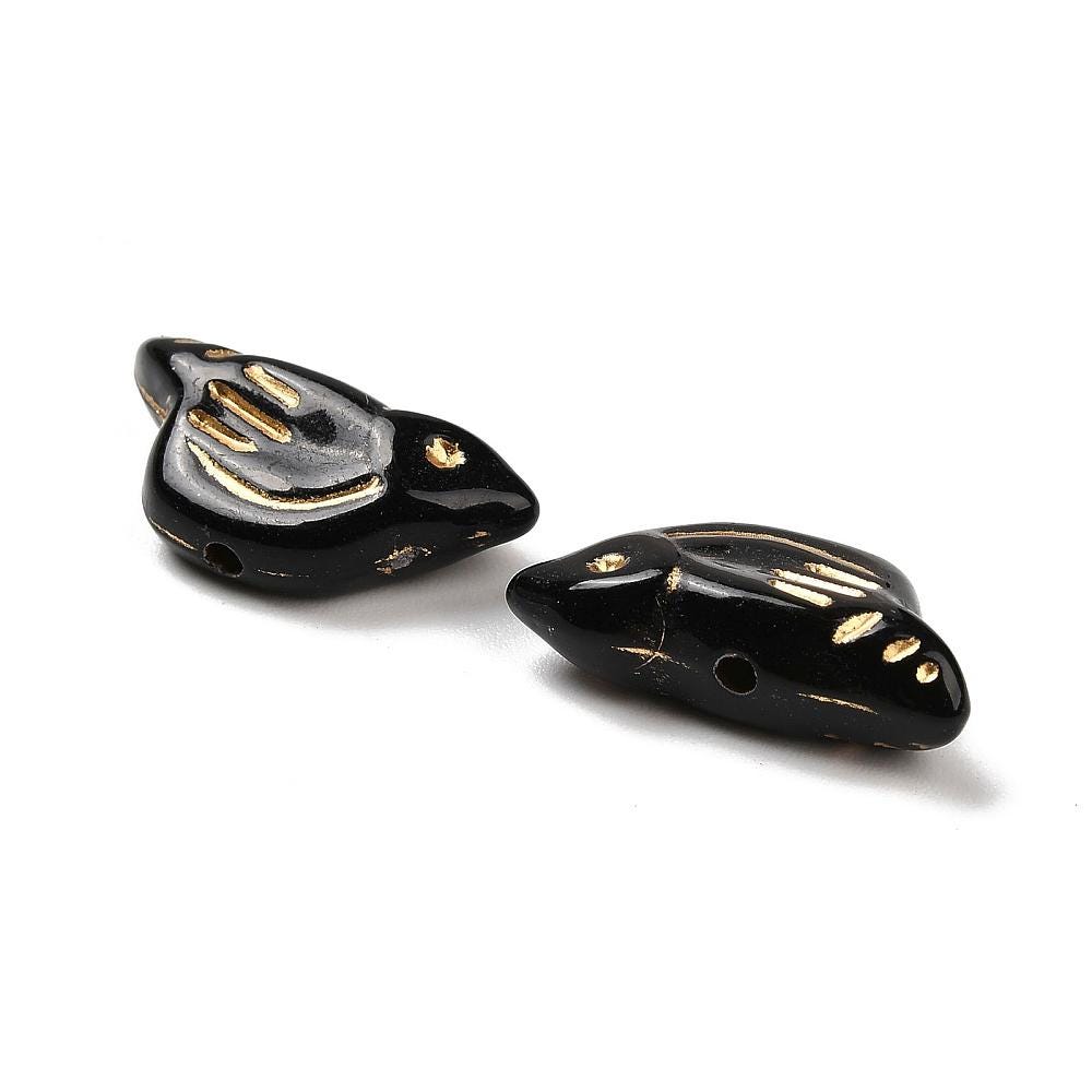 Gilded Black Acrylic Bird Beads - Lightweight - 20x10x6mm - 12pcs - (B810)