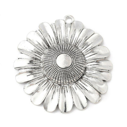 Antique Silver Metal Sunflower Pendant with Bail - 70x66mm - 1pcs - (A697)