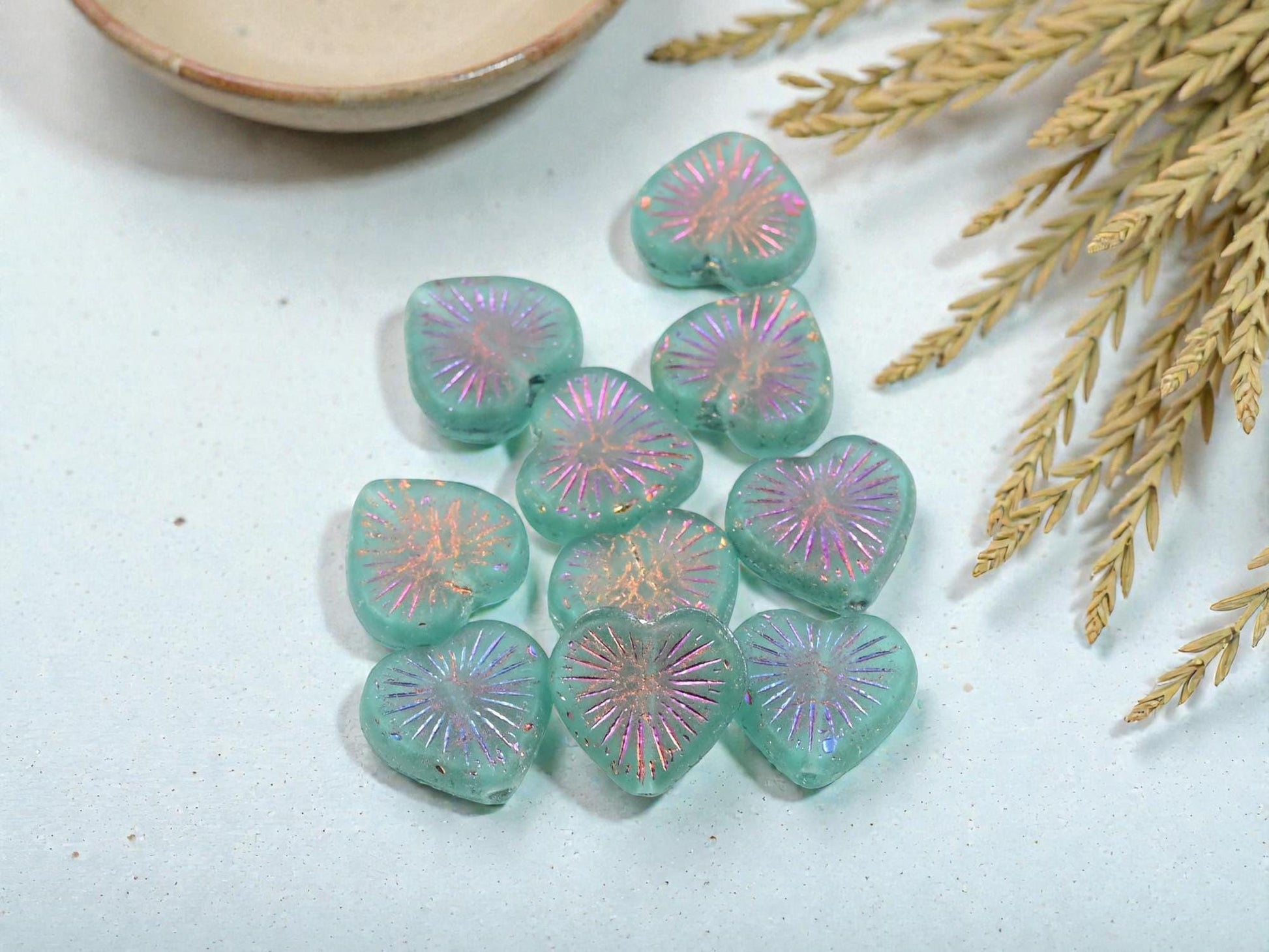 Czech Glass Metallic Volcano Washed Matte Teal Flaming Heart Beads - 14mm - 10pcs - (6180)