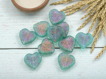 Czech Glass Metallic Volcano Washed Matte Teal Flaming Heart Beads - 14mm - 10pcs - (6180)