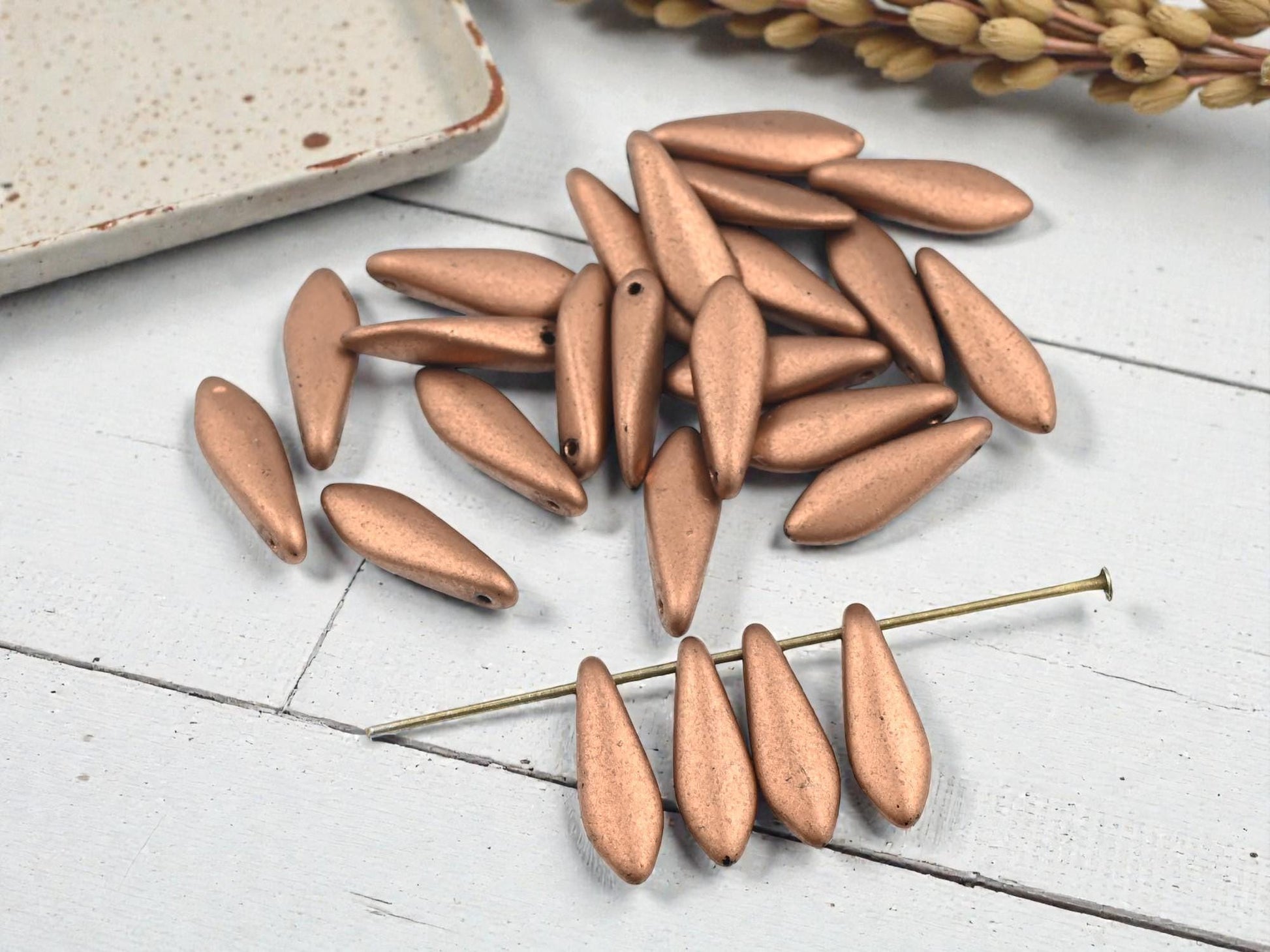 Czech Glass Matte Metallic Copper Dagger Beads - 5x16mm - 25pcs - (B797)