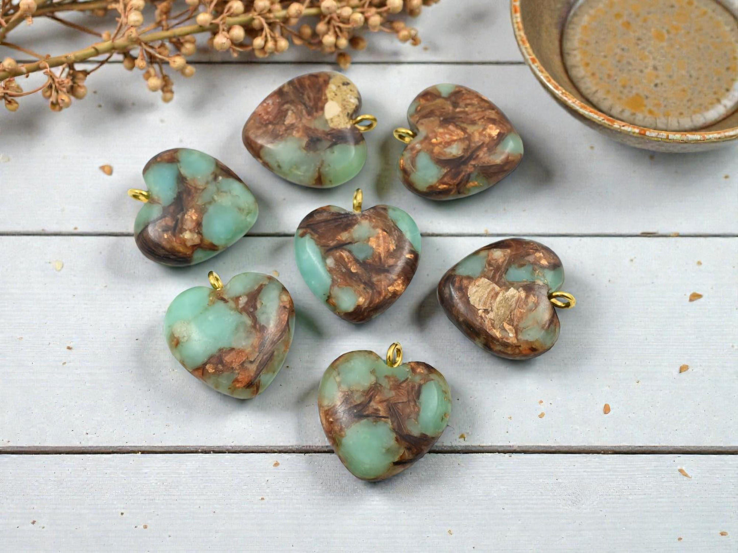 Bronzite Aqua Terra Gemstone Pendant - Heart Pendant Charm - 22x19mm - 1pc - (A478)