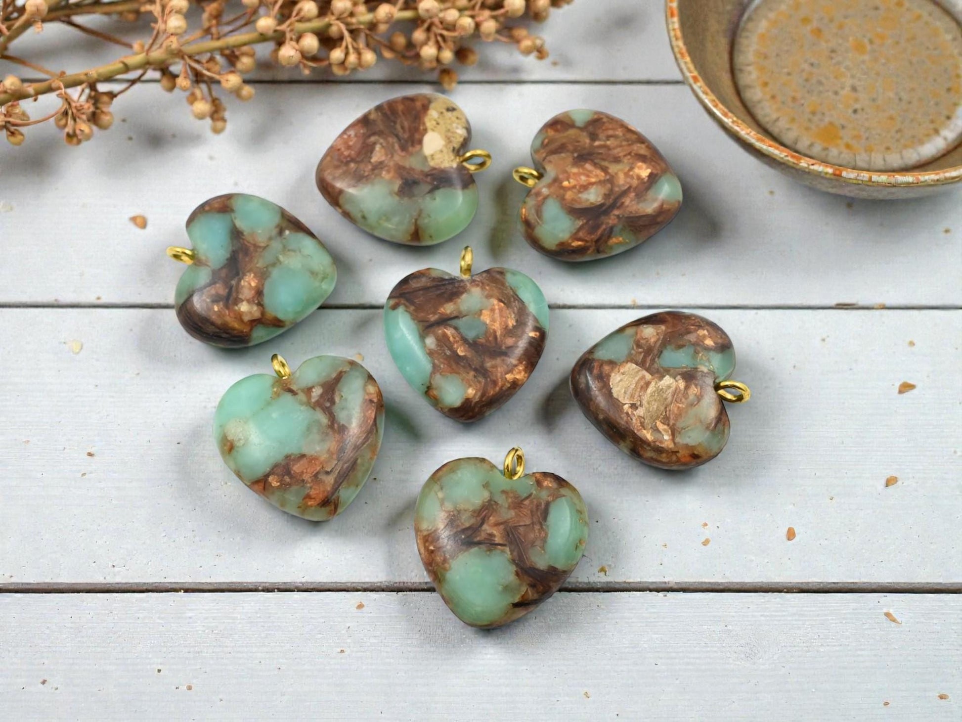 Bronzite Aqua Terra Gemstone Pendant - Heart Pendant Charm - 22x19mm - 1pc - (A478)