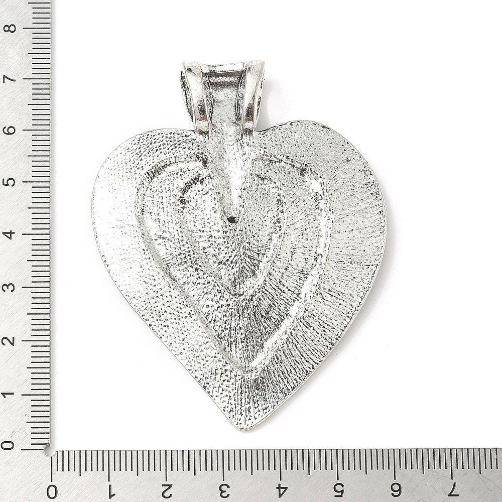 Antique Silver Hammered Metal Heart Pendant - 69x53mm - 1pc - (A626)