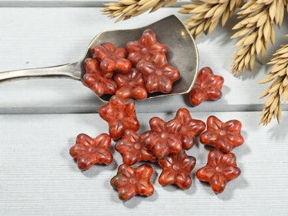 Czech Glass Orange Silk Opaline Picasso 2 Hole Flower Beads - 12x14mm - 15pcs - (1283)