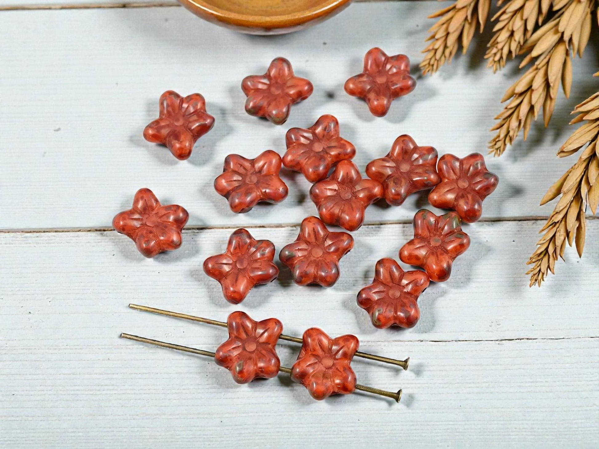 Czech Glass Orange Silk Opaline Picasso 2 Hole Flower Beads - 12x14mm - 15pcs - (1283)