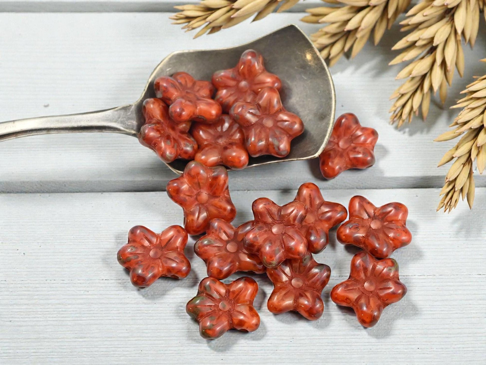 Czech Glass Orange Silk Opaline Picasso 2 Hole Flower Beads - 12x14mm - 15pcs - (1283)