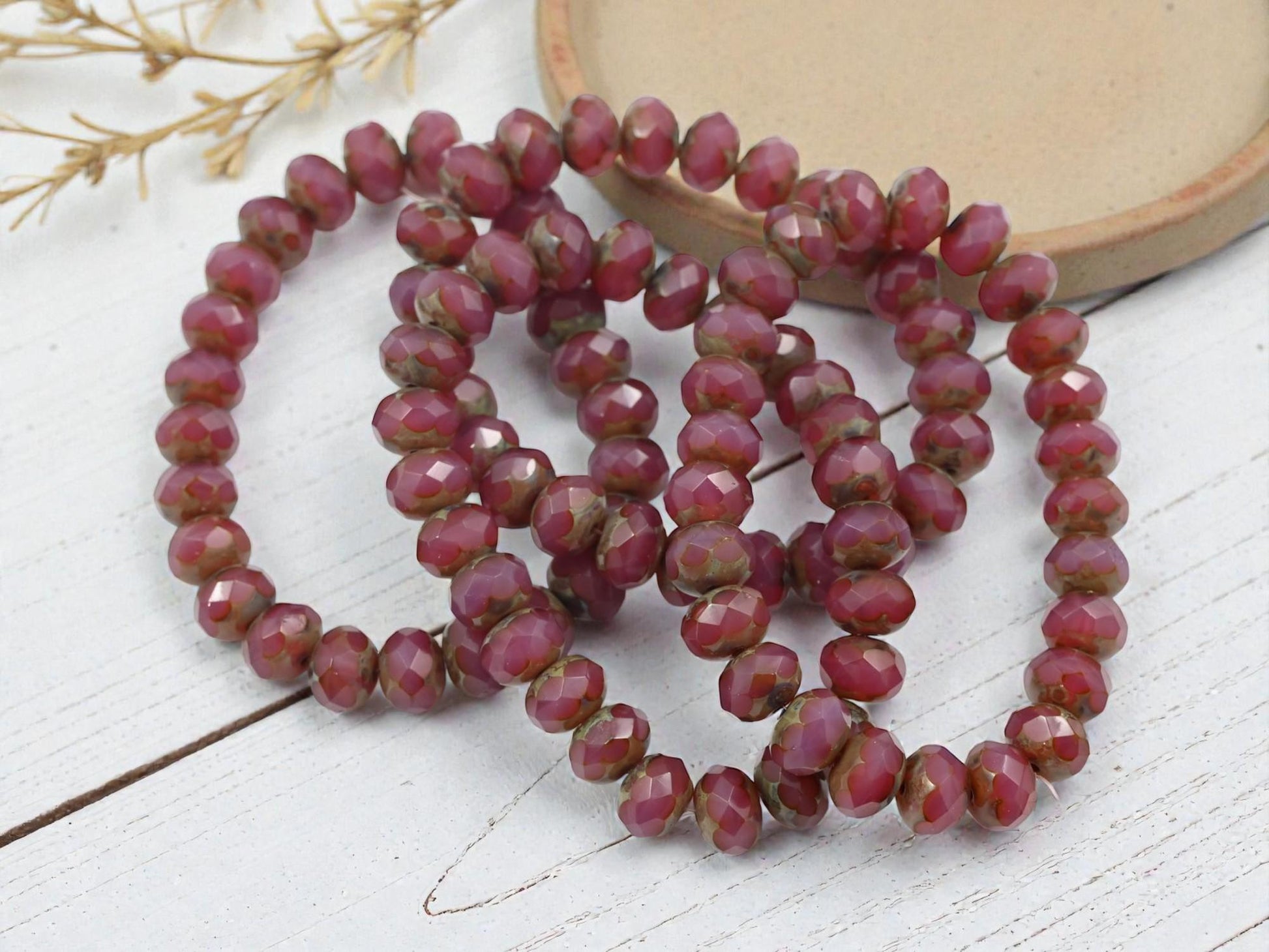 Czech Glass Faceted Fire Polished Rondelle Beads - Vintage Pink Opaline Picasso - 6x8mm - 25pcs - (B913)