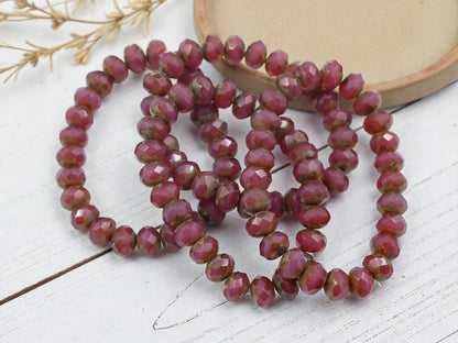 Czech Glass Faceted Fire Polished Rondelle Beads - Vintage Pink Opaline Picasso - 6x8mm - 25pcs - (B913)
