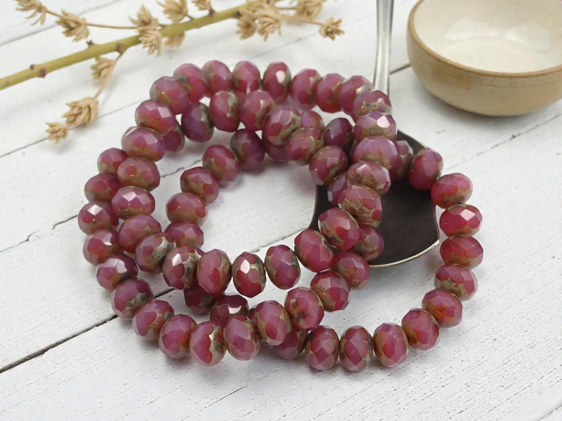 Czech Glass Faceted Fire Polished Rondelle Beads - Vintage Pink Opaline Picasso - 6x8mm - 25pcs - (B913)