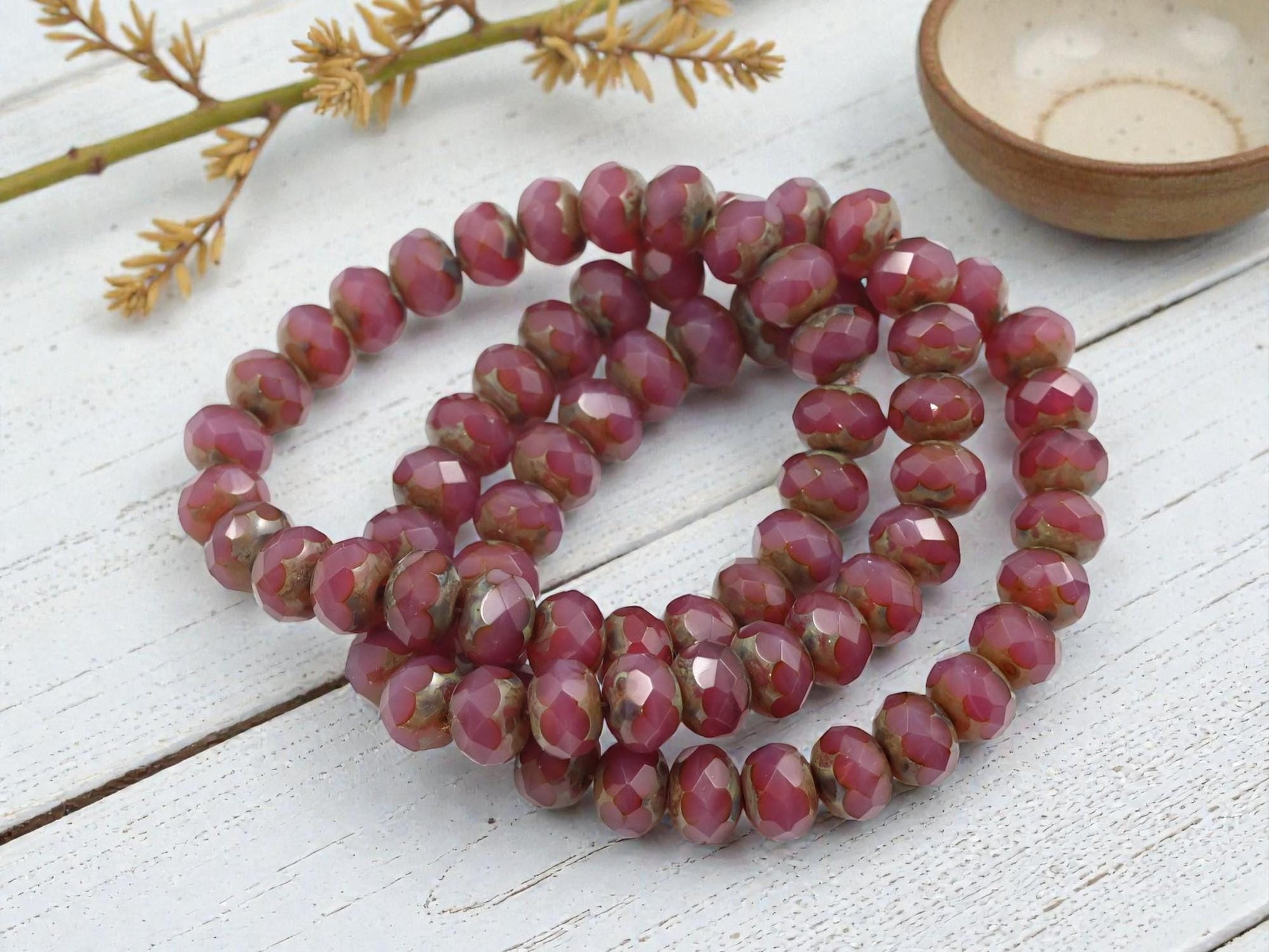 Czech Glass Faceted Fire Polished Rondelle Beads - Vintage Pink Opaline Picasso - 6x8mm - 25pcs - (B913)