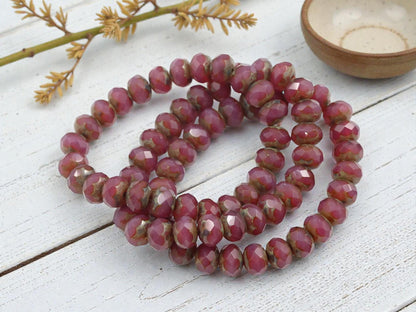 Czech Glass Faceted Fire Polished Rondelle Beads - Vintage Pink Opaline Picasso - 6x8mm - 25pcs - (B913)