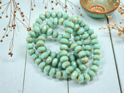 Czech Glass Faceted Fire Polished Rondelle Beads - Gold Etched Aqua Silk - 6x8mm - 25pcs - (3567)