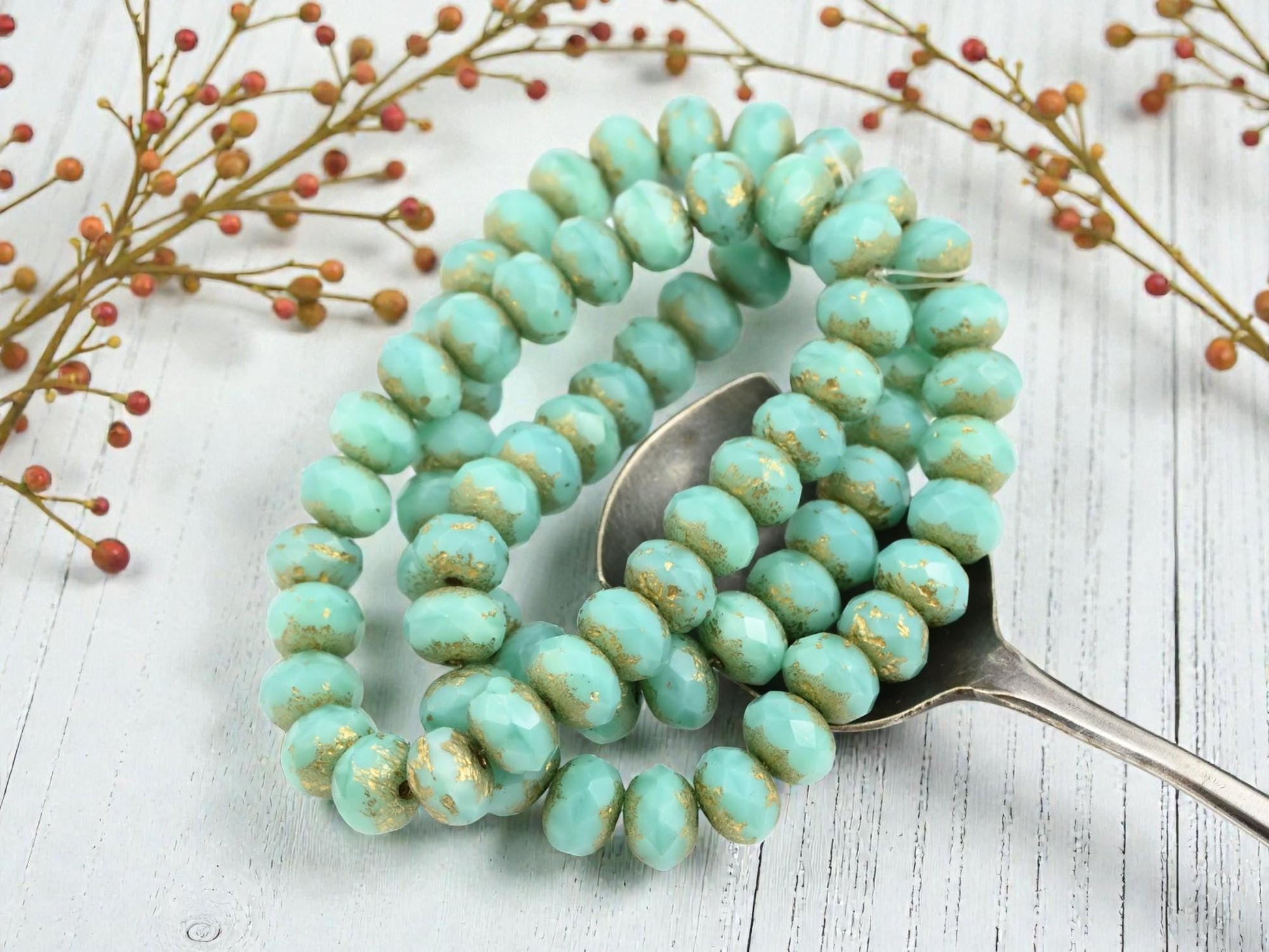 Czech Glass Faceted Fire Polished Rondelle Beads - Gold Etched Aqua Silk - 6x8mm - 25pcs - (3567)