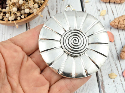 Antique Silver Metal Spiral Shell Pendant - 70x64mm - 1pcs - (A467)