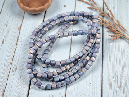 Czech Glass Beads - Picasso Beads - Periwinkle Beads - Cube Beads - 4mm - 40pcs - (1480)