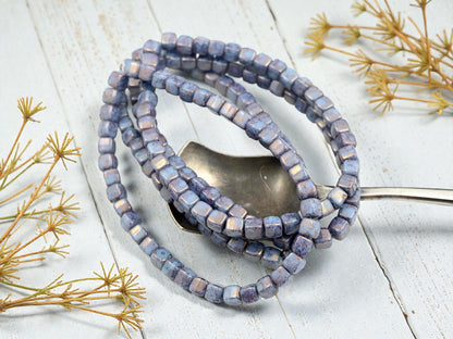 Czech Glass Beads - Picasso Beads - Periwinkle Beads - Cube Beads - 4mm - 40pcs - (1480)